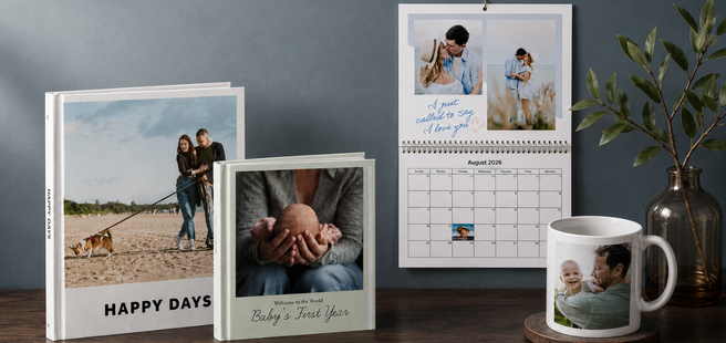 Closed photobook showing photos of a son and father on the cover that reads 'my dad is my superhero'.