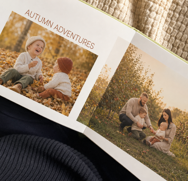 An open Autumn Adventures photobook full of family photos
