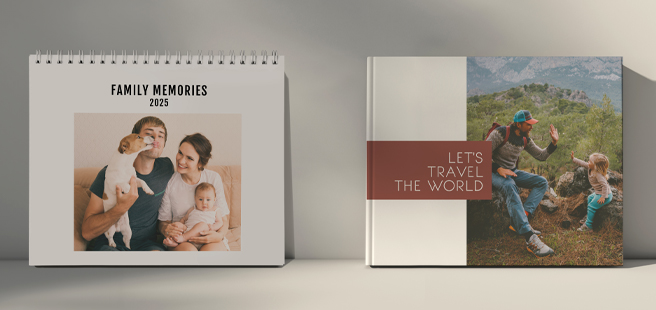 Closed photobook showing photos of a son and father on the cover that reads 'my dad is my superhero'.