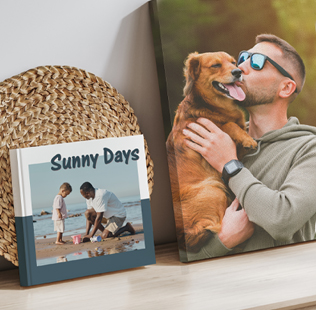 Closed photobook showing photos of a son and father on the cover that reads 'my dad is my superhero'.