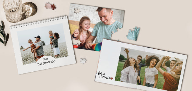 Closed photobook showing photos of a son and father on the cover that reads 'my dad is my superhero'.