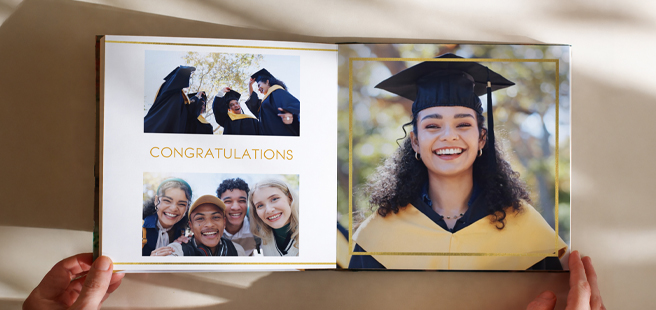 Closed photobook showing photos of a son and father on the cover that reads 'my dad is my superhero'.