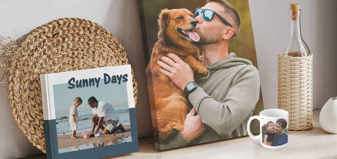 Closed photobook showing photos of a son and father on the cover that reads 'my dad is my superhero'.