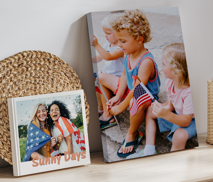 Mini photobook of two women with an American flag that says 'Sunny Days', Canvas print of three children sitting down holding mini American flags