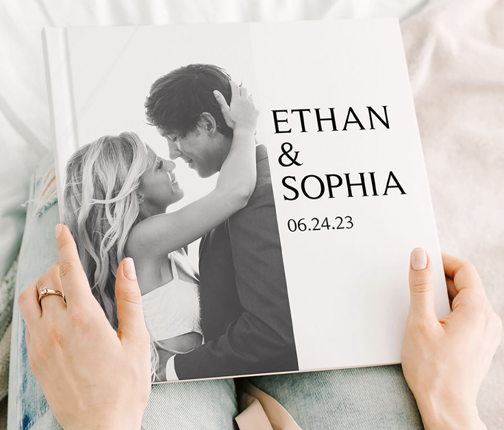 Wedding Photobook with a black and white photo of a couple