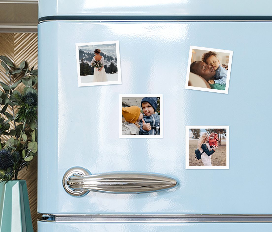 Mini Magnets a fridge showing 4 mini square magnets or family members.