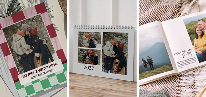 Closed photobook showing photos of a son and father on the cover that reads 'my dad is my superhero'.