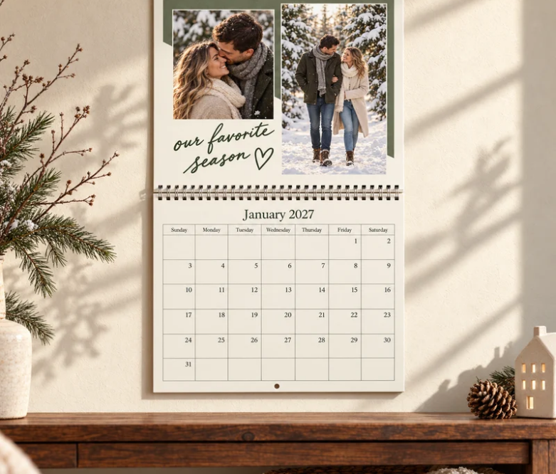 Special Monthly Drops! A bright, lifestyle product display showcasing personalized photo gifts on a wooden surface, including a custom photo canvas, photo book, and printed mug, styled with minimal decor and soft natural lighting to highlight the products.