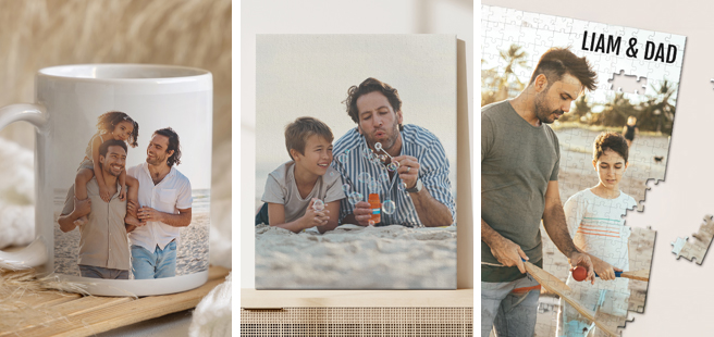 Closed photobook showing photos of a son and father on the cover that reads 'my dad is my superhero'.