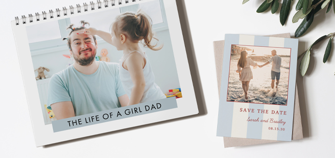 Closed photobook showing photos of a son and father on the cover that reads 'my dad is my superhero'.