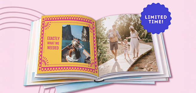 Woman holding an open photobook showing photos of friends celebrating the 4th of July.