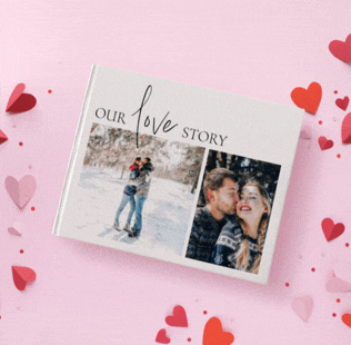 Open book showing photos of mom, dad and daughter outside.